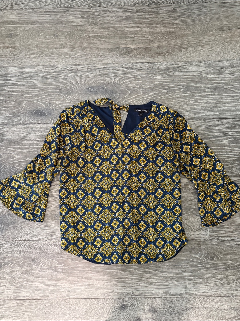 41 Hawthorn Navy & Yellow Geometric Bell-Sleeve Top